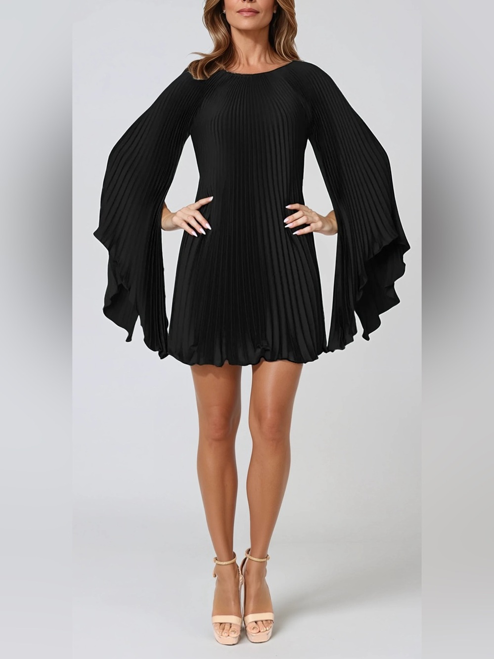 NWT Rene Ruiz Black Pleated Bell-Sleeve Mini Dress